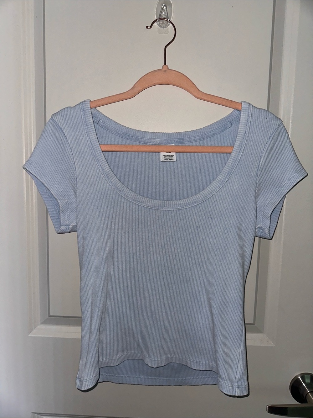 PINK Light Blue Scoop Neck Ribbed Women's Top